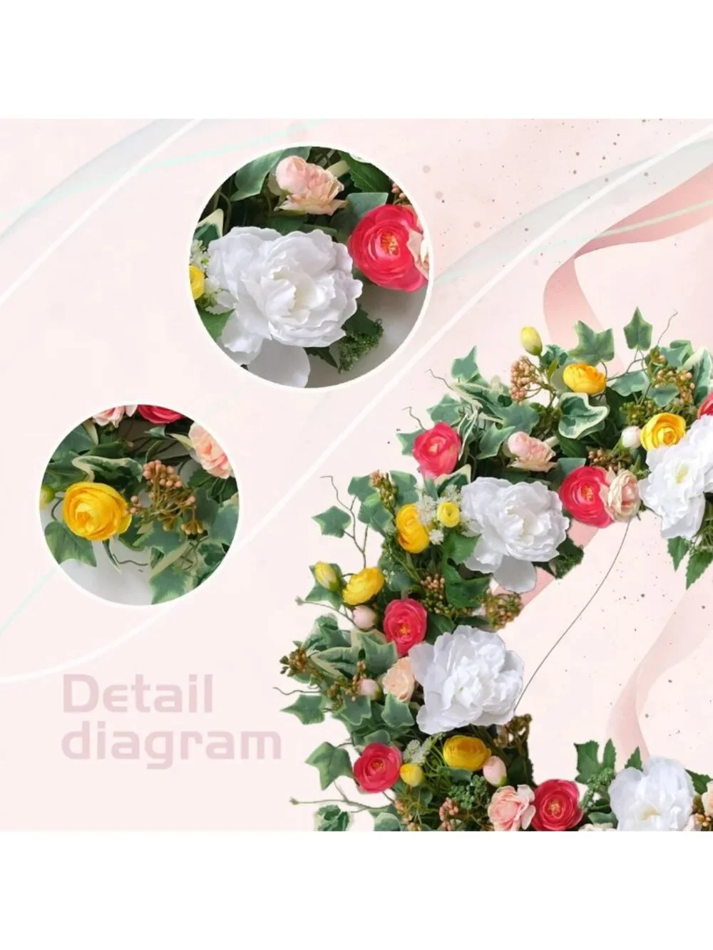 24-Inch Summer Floral Wreath - Artificial Peony & Rose, Colorful Green Leaves